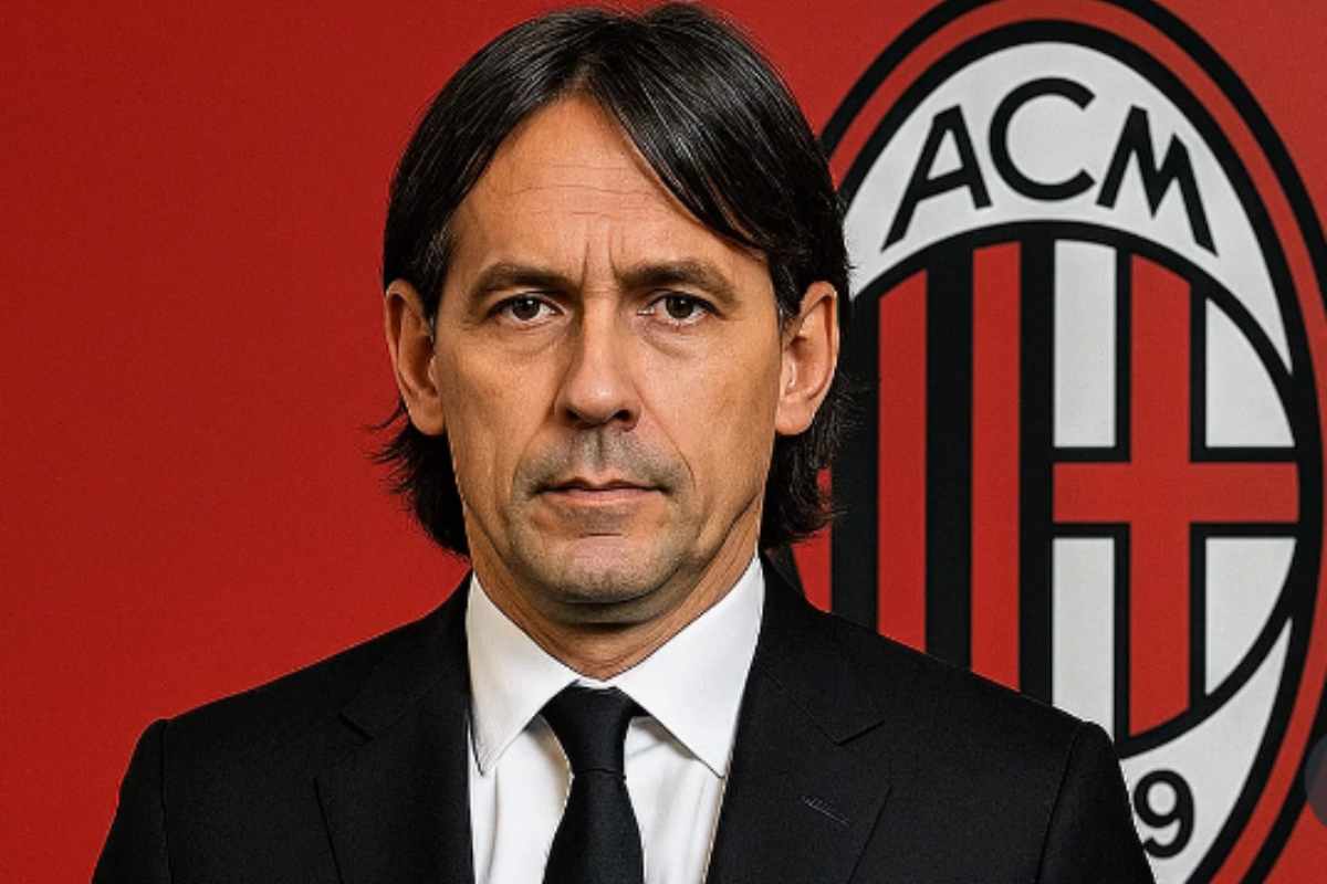 L'ex tecnico dell'Inter Simone Inzaghi con dietro il simbolo del Milan