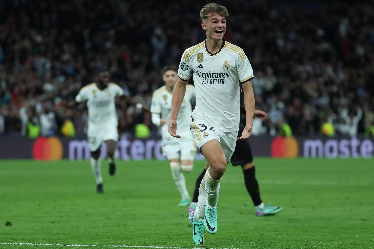 Nico Paz ai tempi del Real Madrid quando segnò una rete al Napoli in Champions