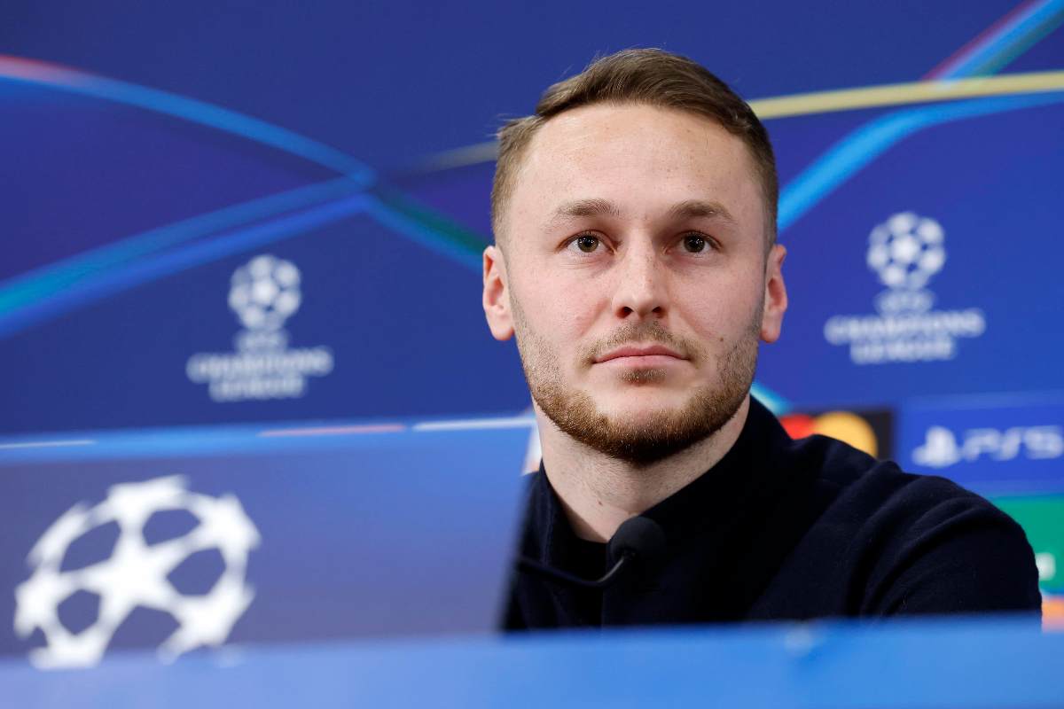 Il giocatore della Juventus Koopmeiners durante una conferenza stampa di Champions League