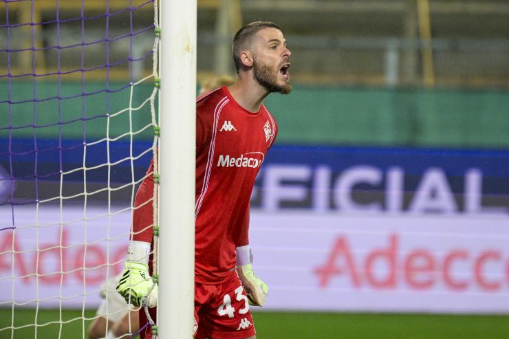 L'estremo difensore della Fiorentina De Gea mentre difende i pali della squadra viola